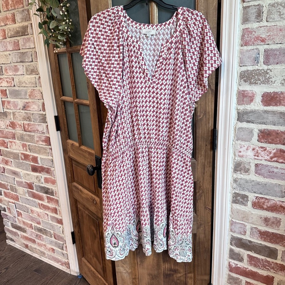 LOFT Outlet Dress Women Red White Flutter Sleeve‎ Boho Cottagecore CasualXL